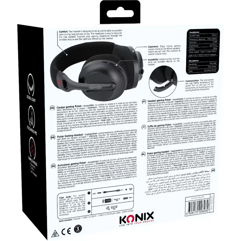 Konix PULSAR Peakomplekt juhtmega ja juhtmevaba Peapael Mängimine USB USB-C Bluetooth Must