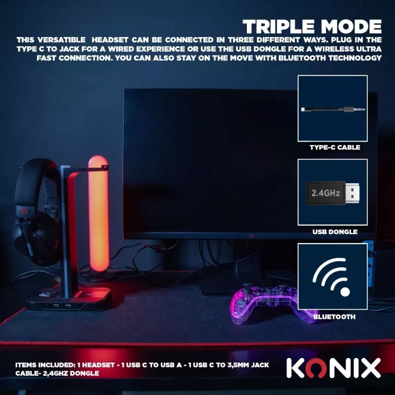 Konix PULSAR Peakomplekt juhtmega ja juhtmevaba Peapael Mängimine USB USB-C Bluetooth Must