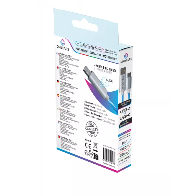 Oniverse USB-A USB-C kiirlaadimiskaabel LED-iga - 2 meetrit - valge (mitmeplatvormiline)
