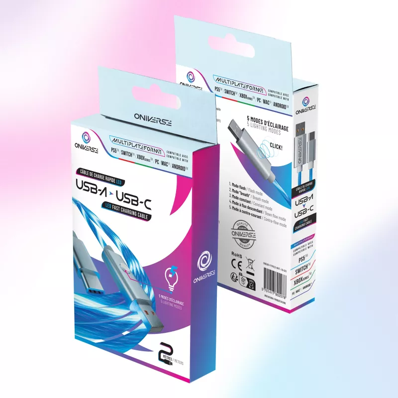 Oniverse USB-A USB-C kiirlaadimiskaabel LED-iga - 2 meetrit - valge (mitmeplatvormiline)