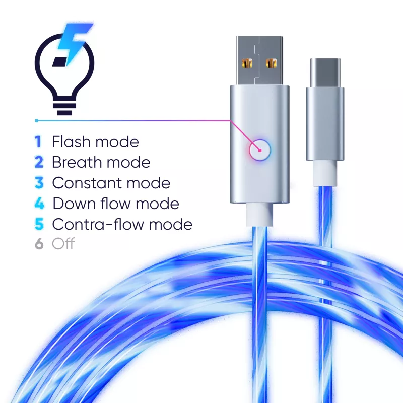 Oniverse USB-A USB-C kiirlaadimiskaabel LED-iga - 2 meetrit - valge (mitmeplatvormiline)
