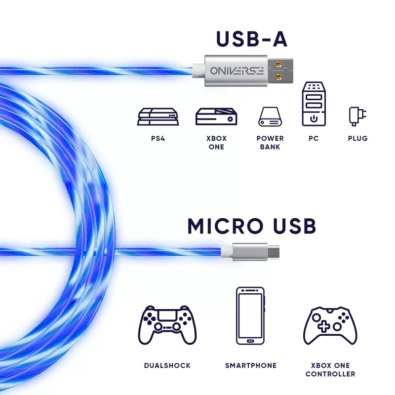 Oniverse Micro-USB laadimiskaabel LEDiga - 2 meetrit - valge (multi platvorm)