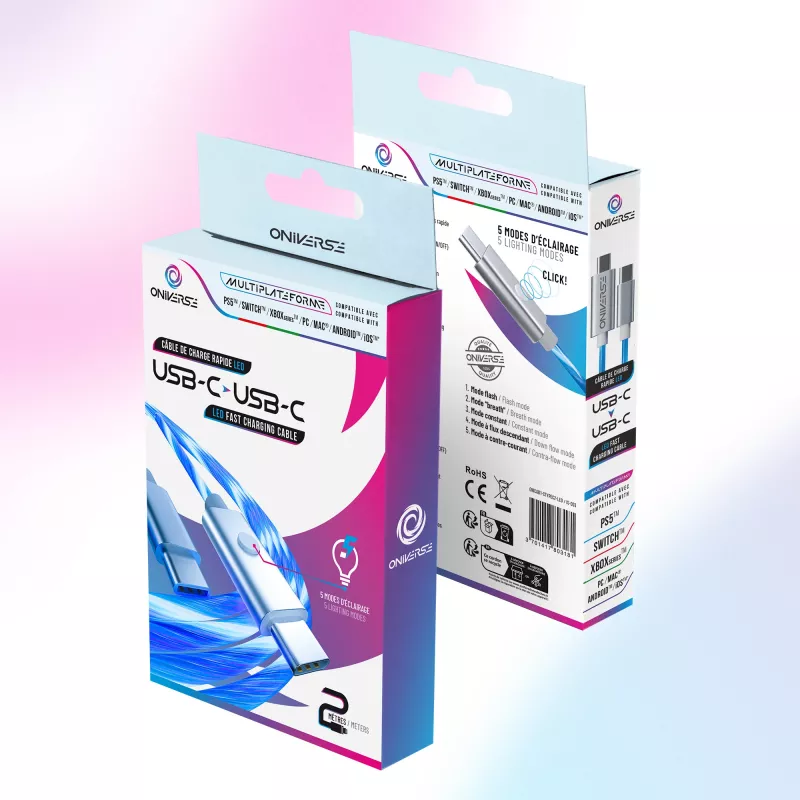Oniverse USB-C–USB-C kiirlaadimiskaabel – 2 meetrit – LED (mitmeplatvormiline)