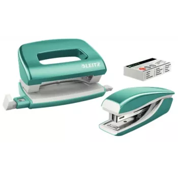Leitz klammerdaja ja auguraua komplekt Mini WOW, 10 lehte, sinine, metallik, pärl, P2, metall, plast, 80 g/m², 3,5 cm