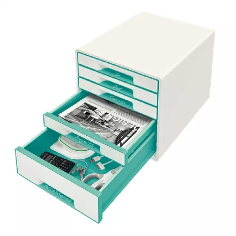 Leitz sahtlikapp WOW Cube 5 sahtliga, 5 sahtlit, Plastik, Türkiis, Valge, 1 tk, 287 mm, 270 mm