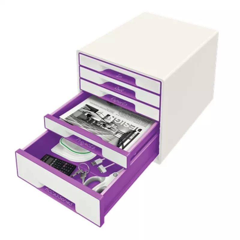 Leitz sahtlikapp WOW Cube 5 sahtliga, 5 sahtlit, Plastist, Lilla, Valge, 1 tk, 287 mm, 270 mm