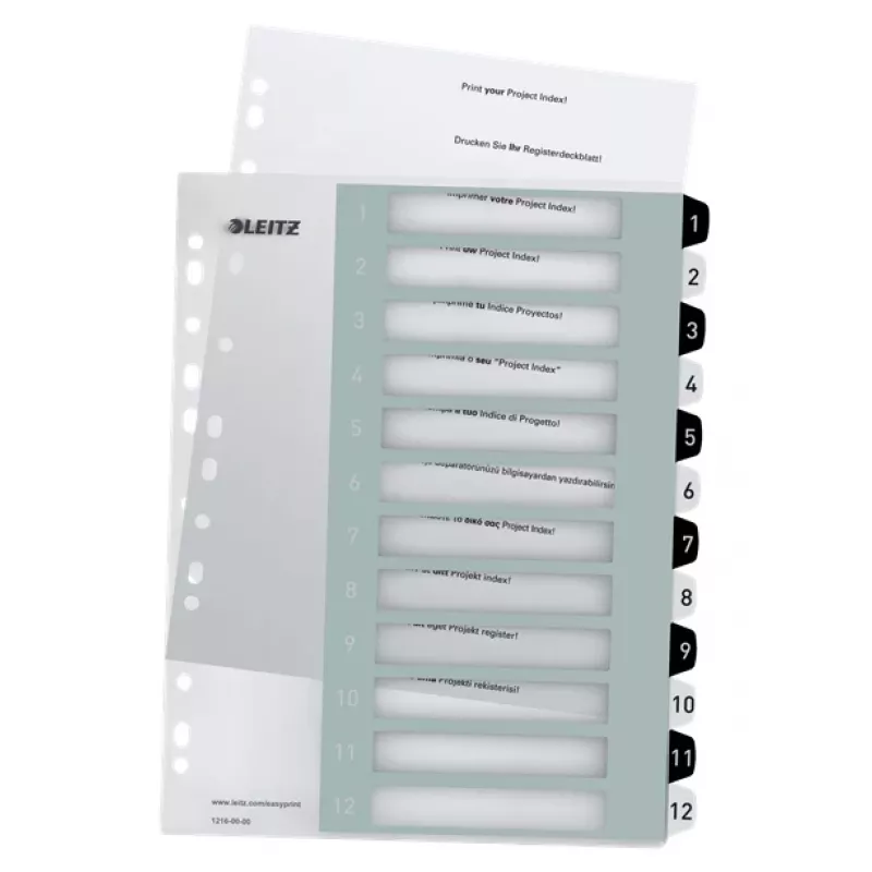 Leitz Indices Printable PP A4+ 1-12 WOW valge/Must, numbriline vahelehe register, polüpropüleen (PP), must, valge, A4 Maxi, 245 mm, 305 mm