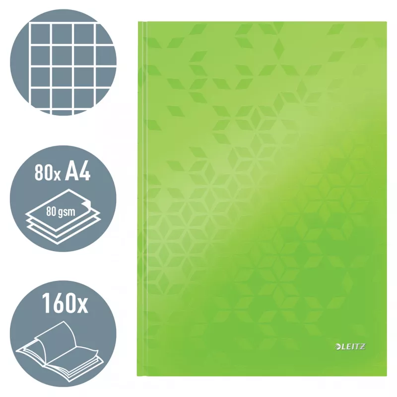 Leitz Notebook WOW A4 ruuduline kõva kaanega 90g/80 lehte, mustriline, roheline, A4, 80 lehte, 80 g/m², ruuduline paber