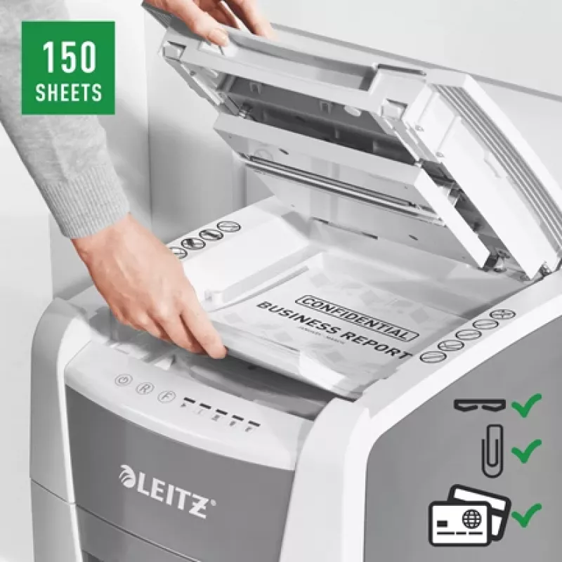 Leitz IQ Autofeed Office 150 automaatne paberipurustaja P5, mikropeenestus, 22 cm, 2 x 15 mm, 44 L, 500 lehte, 55 dB