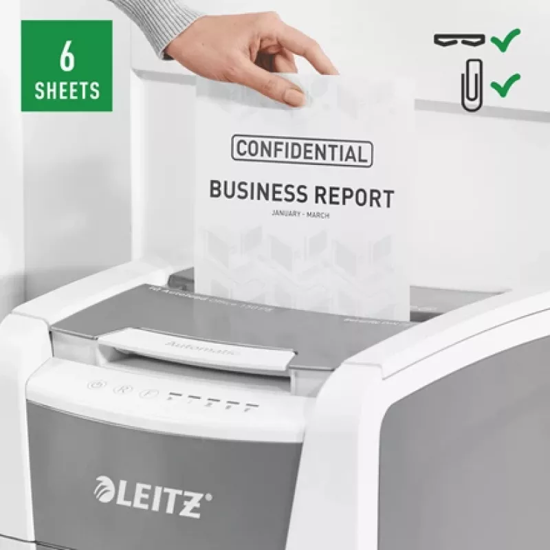 Leitz IQ Autofeed Office 150 automaatne paberipurustaja P5, mikropeenestus, 22 cm, 2 x 15 mm, 44 L, 500 lehte, 55 dB