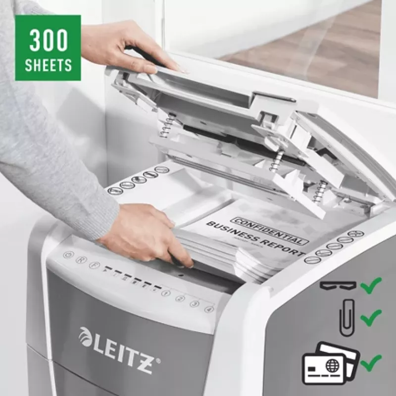 Leitz IQ Autofeed Office 300 automaatne paberipurustaja P5, mikro-purustus, 22 cm, 2 x 15 mm, 60 L, 700 lehte, 55 dB