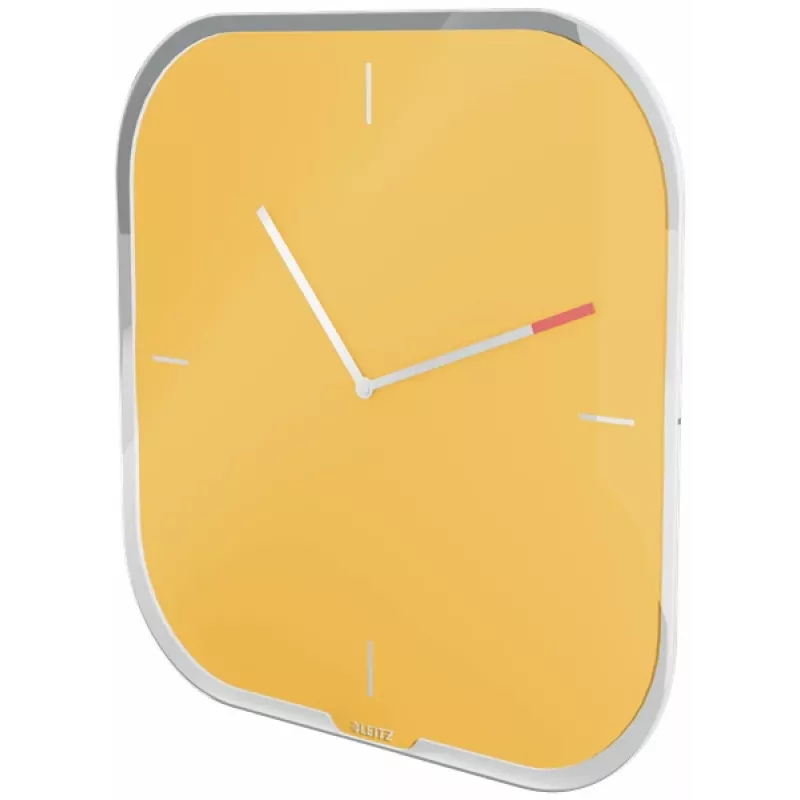 Leitz Cosy vaikne klaasist seinakell, ruudukujuline, kollane, 300 mm, 300 mm, 40 mm, 1,6 kg