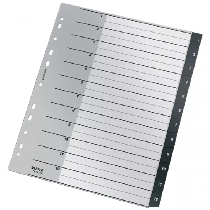 Leitz Recycle Index, PP, eriti lai, numbriliste vahelehtedega register, polüpropüleen (PP), must, valge, portree, A4 Maxi, 160 g/m²
