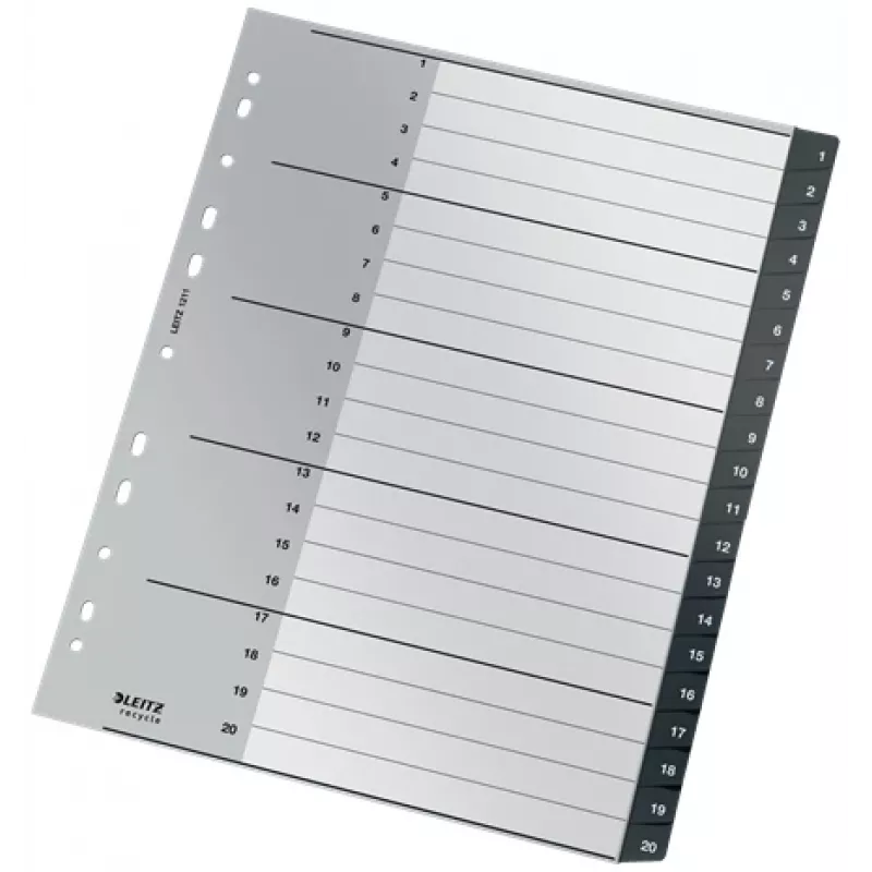 Leitz Recycle Index, PP, eriti lai, numbriline registriindeks, polüpropüleen (PP), must, valge, A4 Maxi, 160 g/m², 238 mm
