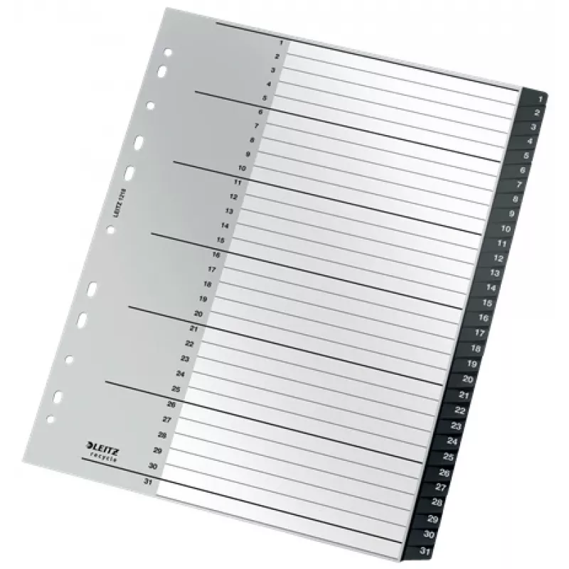 Leitz Recycle registriindeks, PP, eriti lai, numbriliste vahelehtedega register, polüpropüleen (PP), must, valge, portreeformaadis, A4 Maxi, 160 g/m²