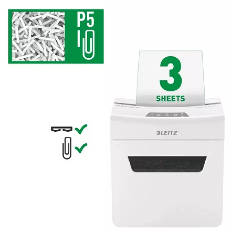 Leitz IQ Protect Premium paberipurustaja 3M P5, mikrohakkimine, 2 x 15 mm, 10 L, 125 lehte, 55 dB, puutetundlik