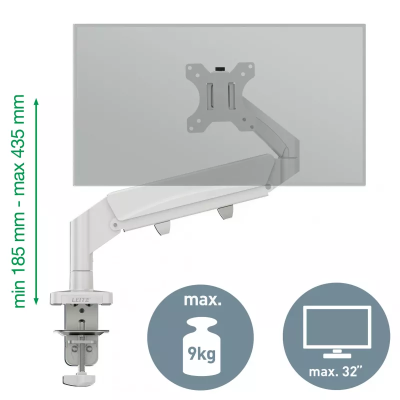 Leitz Ergo ruumisäästlik ühe monitori käsi, klamber/läbiviigukinnitus, 9 kg, 43,2 cm (17 tolli), 81,3 cm (32 tolli), 100 x 100 mm, hall