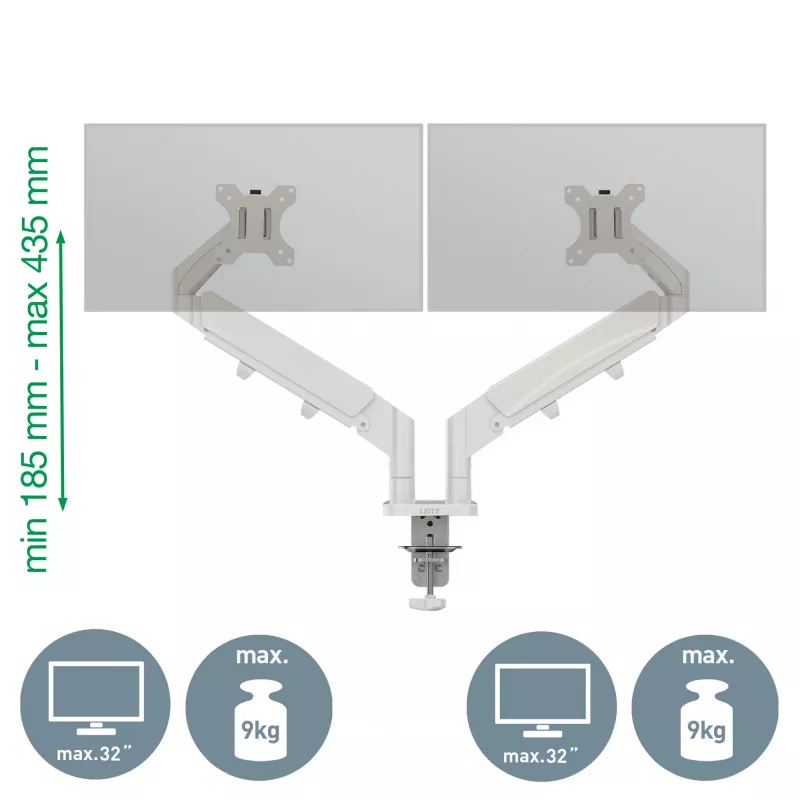 Leitz Ergo ruumisäästlik kahe monitori käsi, klamber/läbiviigukinnitus, 18 kg, 43,2 cm (17 tolli), 81,3 cm (32 tolli), 100 x 100 mm, hall