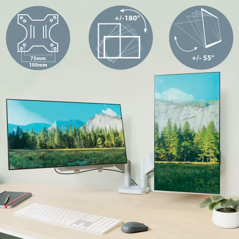 Leitz Ergo ruumisäästlik kahe monitori käsi, klamber/läbiviigukinnitus, 18 kg, 43,2 cm (17 tolli), 81,3 cm (32 tolli), 100 x 100 mm, hall