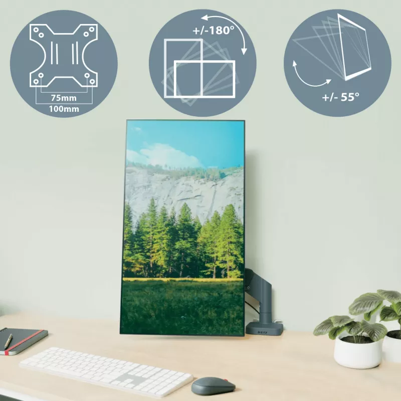 Leitz Ergo ruumisäästlik topeltmonitori ja sülearvuti käsi, klamber/läbiviigukinnitus, 18 kg, 43,2 cm (17 tolli), 81,3 cm (32 tolli), 100 x 100 mm, tumehall