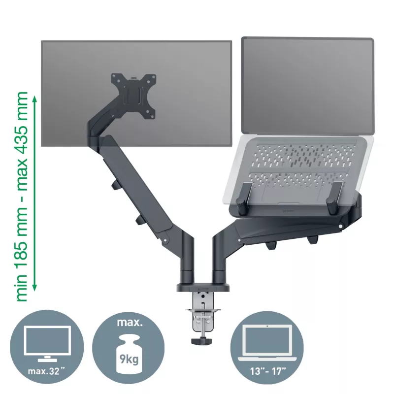 Leitz Ergo ruumisäästlik topeltmonitori ja sülearvuti käsi, klamber/läbiviigukinnitus, 18 kg, 43,2 cm (17 tolli), 81,3 cm (32 tolli), 100 x 100 mm, tumehall