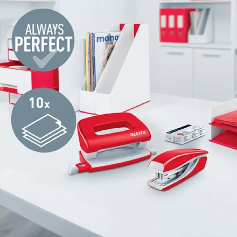 Leitz klammerdaja ja auguraua komplekt Mini WOW, 10 lehte, punane, P2, metall, 80 g/m², 3,5 cm