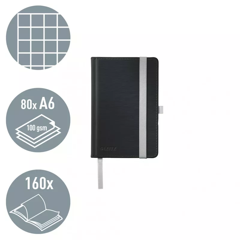 Leitz Style märkmik A6 ruuduline kõva kaanega, Monokromaatiline, Must, A6, 80 lehte, 100 g/m², ruuduline paber