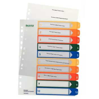 LEITZ plastik Index, Numbers, A4 Extra Wide, 1-10, PC-Writable, Transparent with Coloured Tabs, PP, 10-Part (1293-00-00)
