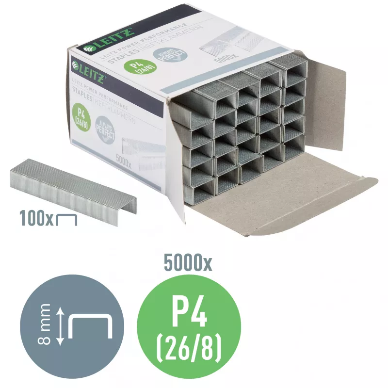 Leitz klambrid Power Performance P4 26/8 karp 5000 tk, klambripakk, 26/8, 8 mm, 100 klambrit, kinnitamine, 26/8