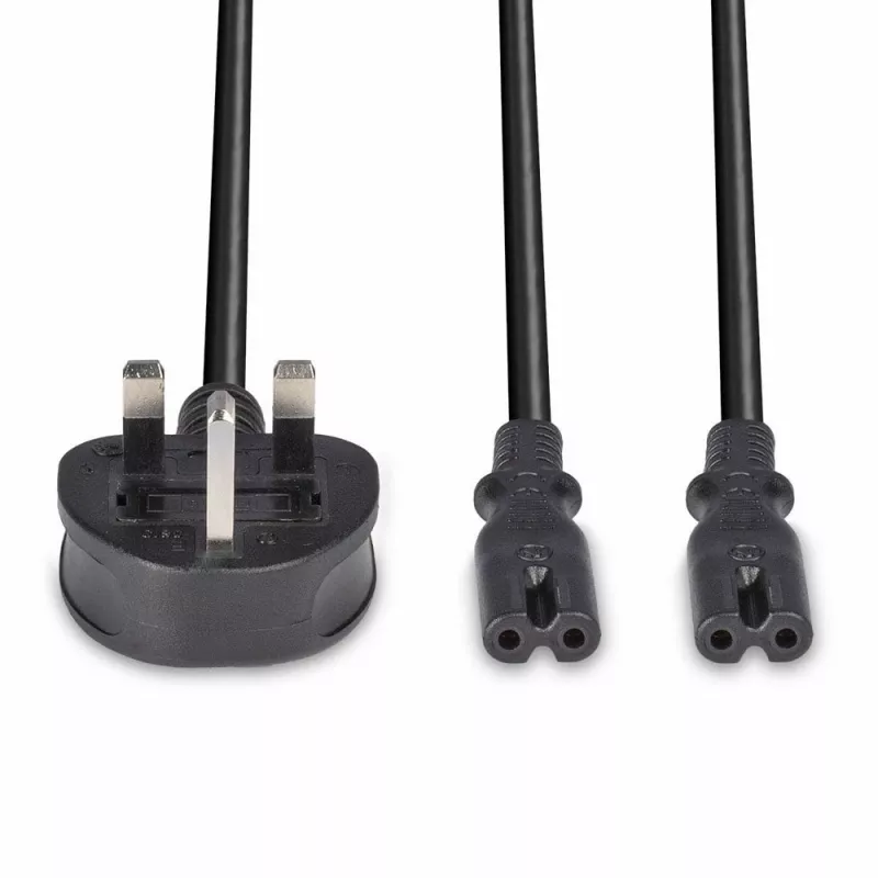 Lindy 2,5 m Ühendkuningriigi 3-kontaktiline pistik kahele IEC C7 jaoturi pikenduskaabel, must