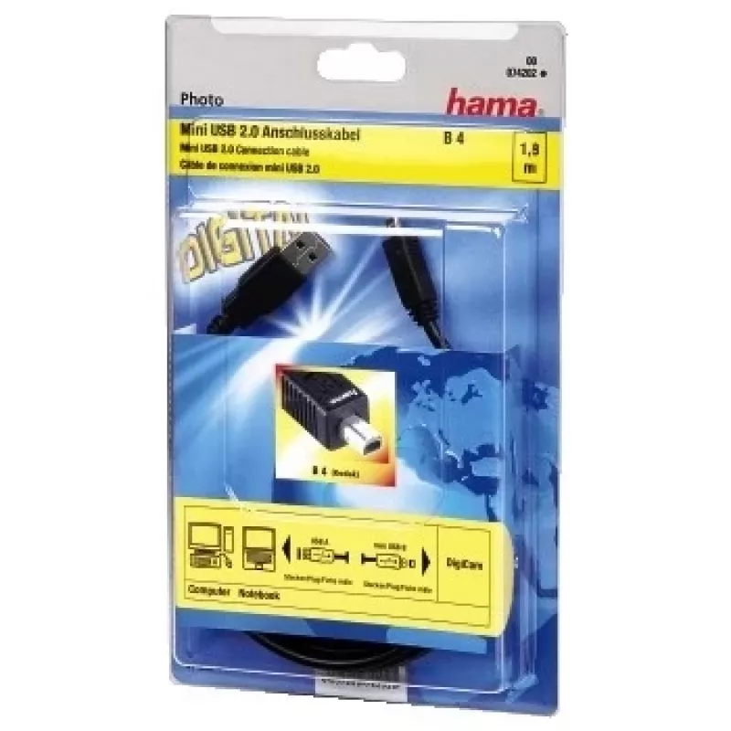 Hama USB 2.0 kaabel USB-A pistik - mini USB-B pistik (B4), 1,8 m USB kaabel USB A Mini-USB B Must