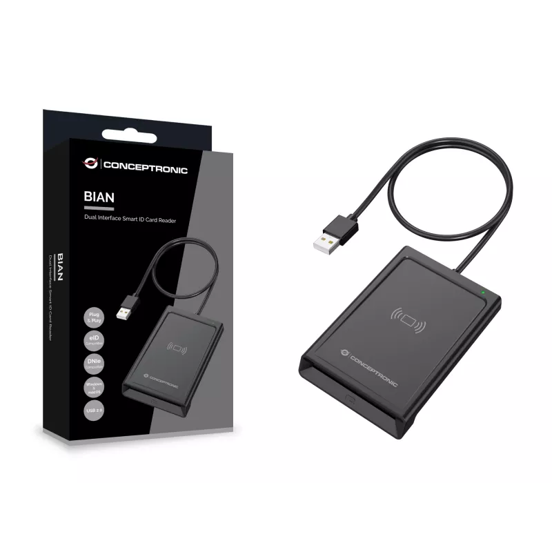 Conceptronic BIAN11B kahe liidesega nutikas ID-kaardilugeja, USB 2.0, lähiväljaside (NFC), 1 m, must, 100 g