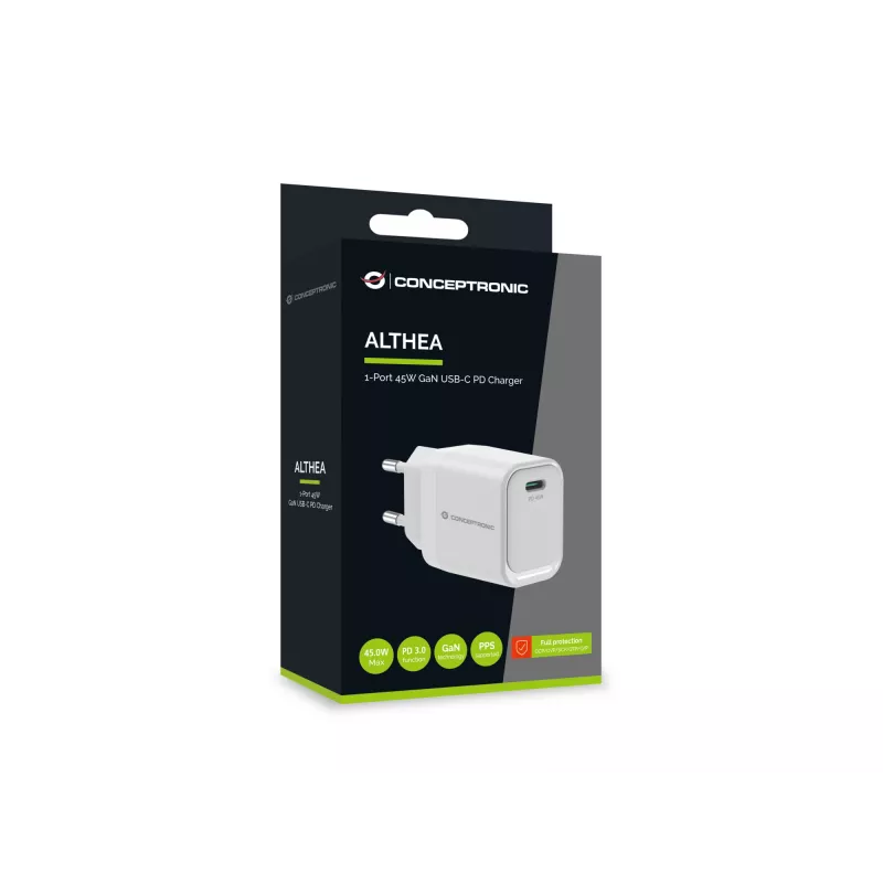 CONCEPTRONIC ALTHEA19W45 1-pordiline 45W GaN USB-C PD laadija PPS-iga, PD 3.0, 100–240 V, valge
