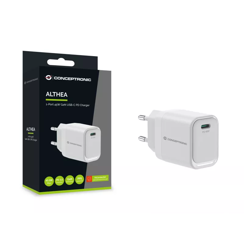 CONCEPTRONIC ALTHEA19W45 1-pordiline 45W GaN USB-C PD laadija PPS-iga, PD 3.0, 100–240 V, valge