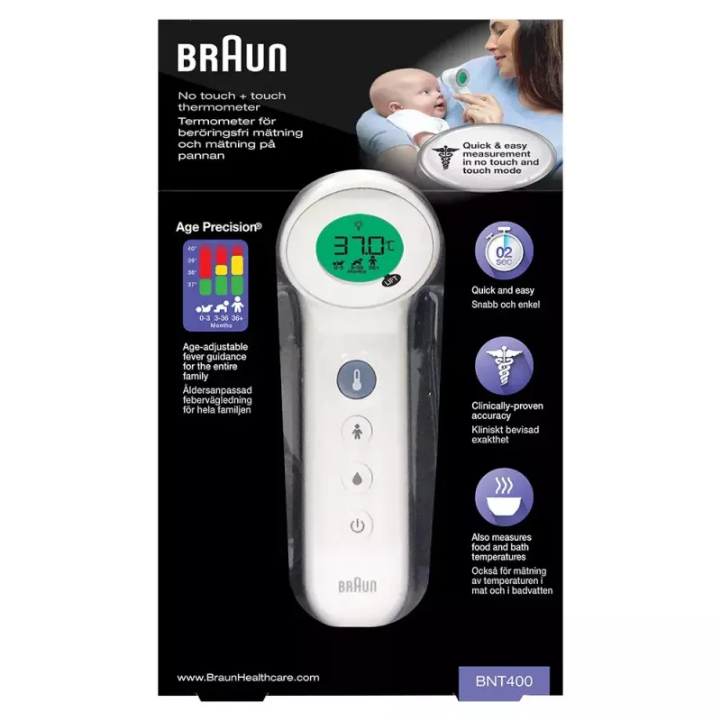 Digitaalne otsmikukraadiklaas BRAUN BNT400 — kaugtuvastus, 34–43 °C vahemik, 0,1 °C täpsus, valge