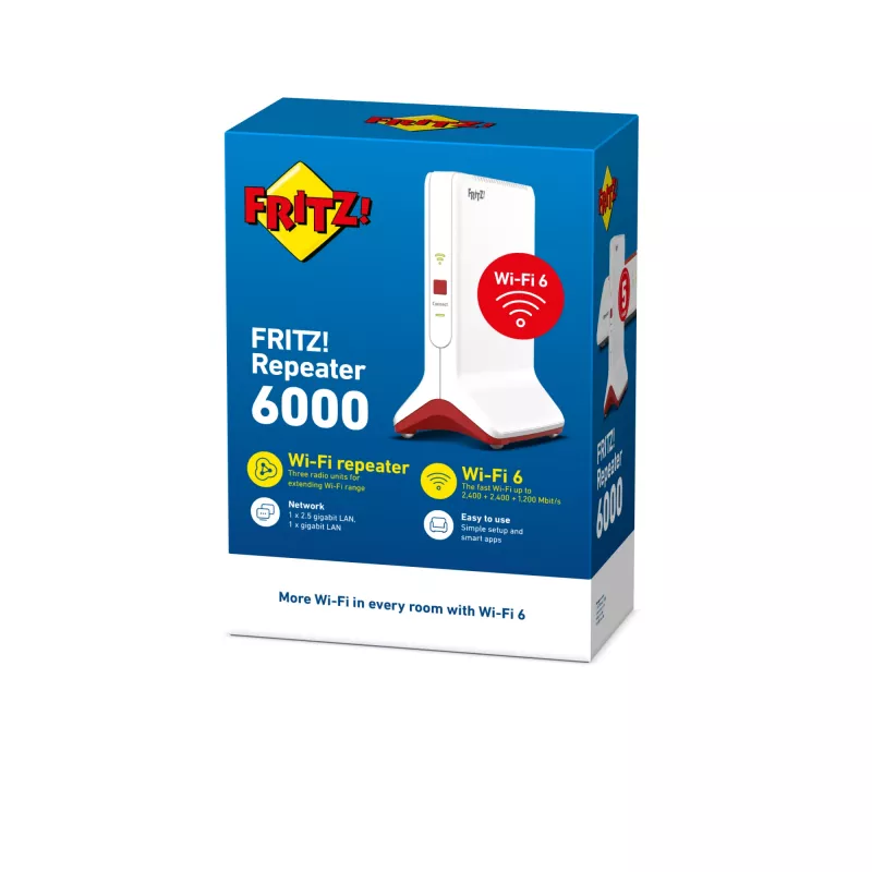 Juhtmevõrgu ulatuse pikendaja AVM FRITZ!Repeater 6000 Edition International — kolmeribaline 6000 Mbps, 2x LAN, valge