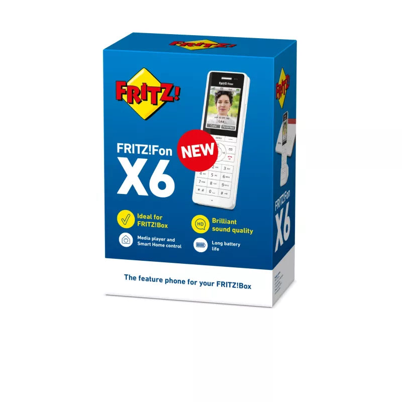 DECT juhtmeta telefonitoru FRITZ X6 valge International — valjuhääldi, automaatvastaja, 100-kohaline telefoniraamat