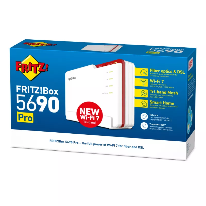Box FRITZ! 5690 Pro International traadita ruuter 2.5 Gigabit Ethernet Tri-band (2.4 GHz / 5 GHz / 6 GHz) Valge