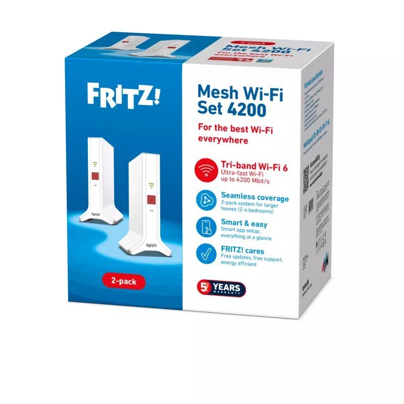 Mesh-komplekt FRITZ 4200 2-pakk Edition International kaheribaline (2,4 GHz / 5 GHz) Wi-Fi 6 (802.11ax) punane, valge 2x2/4x4