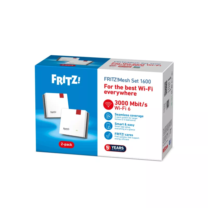 Võrgusilmasüsteem FRITZMESH SET 1600 2-PACK EDITION INTERNATIONAL Kaheribaline (2,4 GHz / 5 GHz) Wi-Fi 6 (802.11ax) Punane, Valge Sisseehitatud