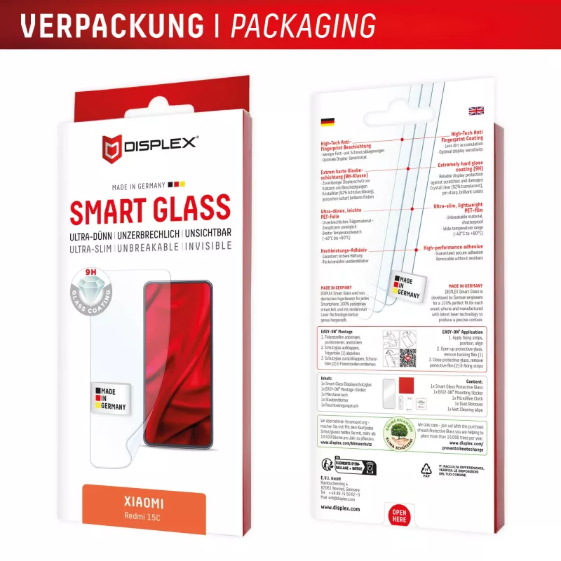 e.v.i. DISPLEX Smart Glass Xiaomi Redmi 15C jaoks — karastatud klaasist ekraanikaitse, mudel 02198