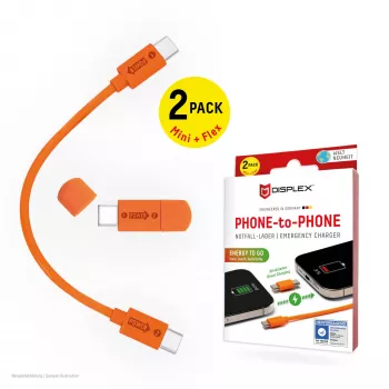 Displex Phone-to-Phone avariilaadija, USB-C USB-C-le, minipistik + painduv kaabel, kompaktne 2 komplekti