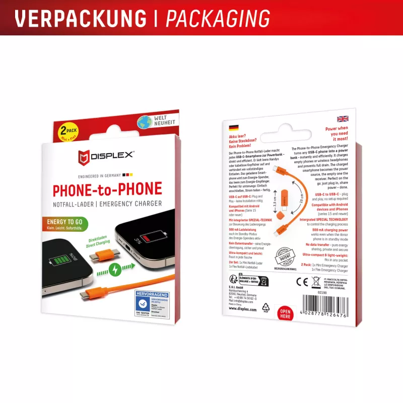 Displex Phone-to-Phone avariilaadija, USB-C USB-C-le, minipistik + painduv kaabel, kompaktne 2 komplekti