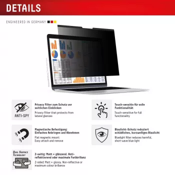 Privaatsusfilter e.v.i. Displex PRIVACY SAFE magnetiline kahepoolne 16-tollisele (16:10) sülearvutile/sülearvutile, raamita, läikiv/matt, 3H