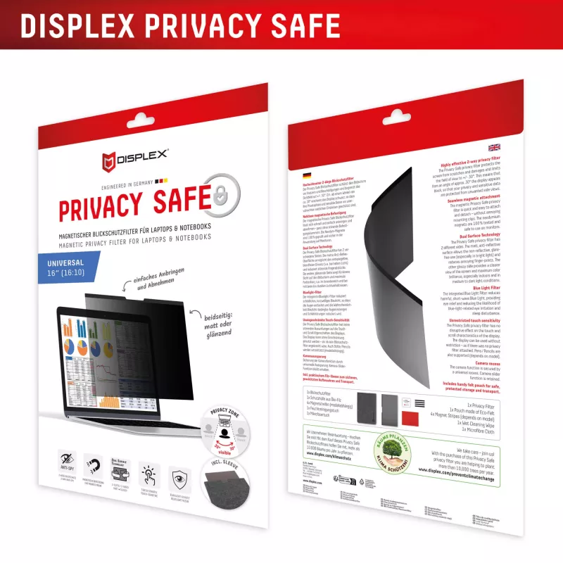 Privaatsusfilter e.v.i. Displex PRIVACY SAFE magnetiline kahepoolne 16-tollisele (16:10) sülearvutile/sülearvutile, raamita, läikiv/matt, 3H