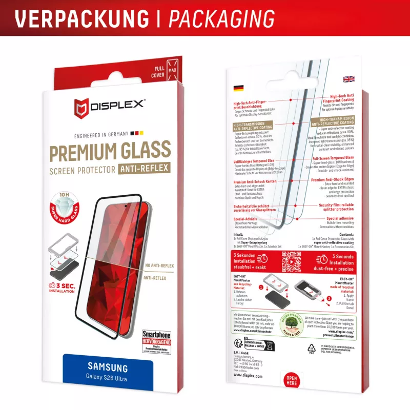 Displex Premium ekraanikaitseklaas (täiskate, 10H) Samsung S26 Ultra jaoks, täiskate