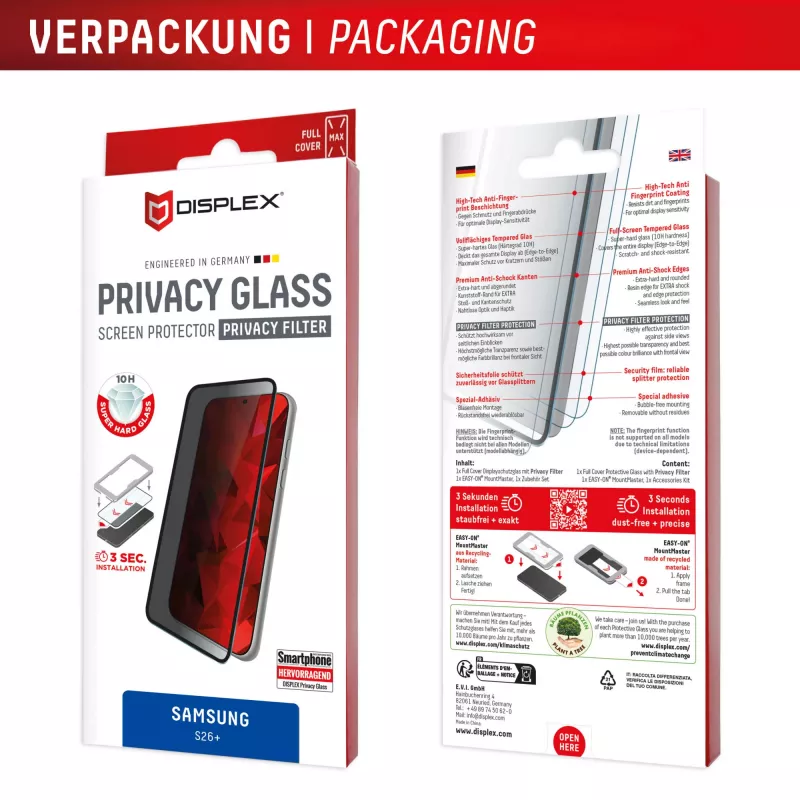 Displex Privacy ekraanikaitseklaas (10H) Samsung S26+-le, privaatsusfilter