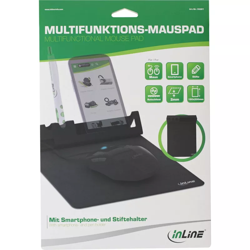Hiirematt InLine 55261 — multifunktsionaalne kummist matt nutitelefoni ja pastapliiatsi hoidikuga, 250×? mm, must
