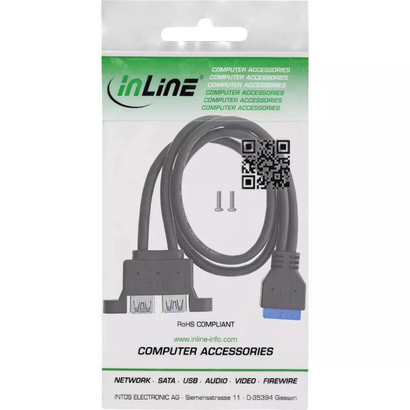 InLine 33390K Internal USB 3.2 Gen 1 kaabel, Motherboard to 2x USB-A Female, 0.45m