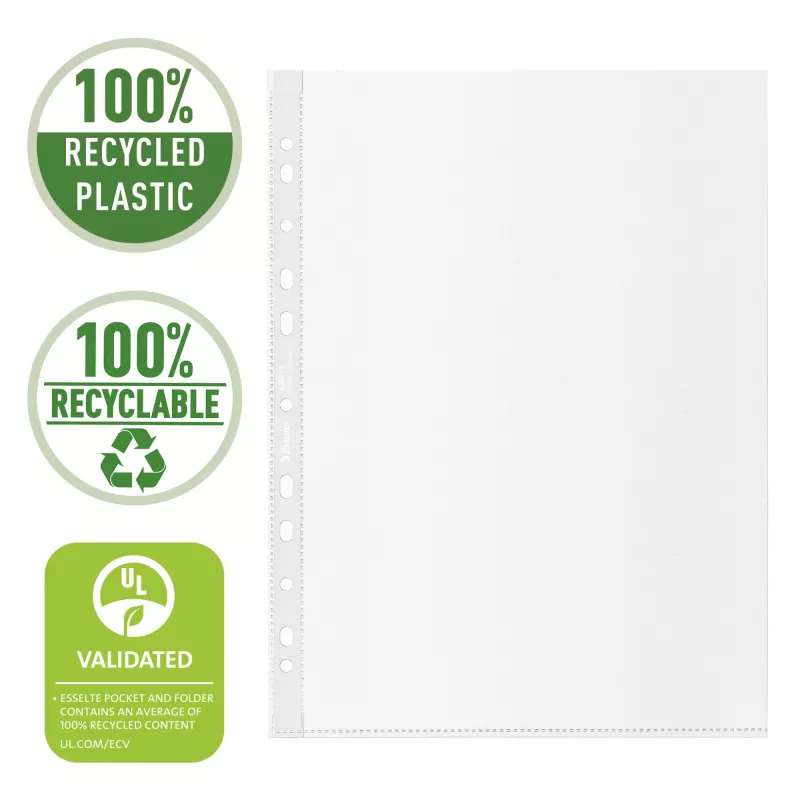 Esselte Recycle Tasku A4, 210 x 297 mm (A4), Läbipaistev, Polüpropüleen (PP), Portree, Ülemine, 0.07 mm
